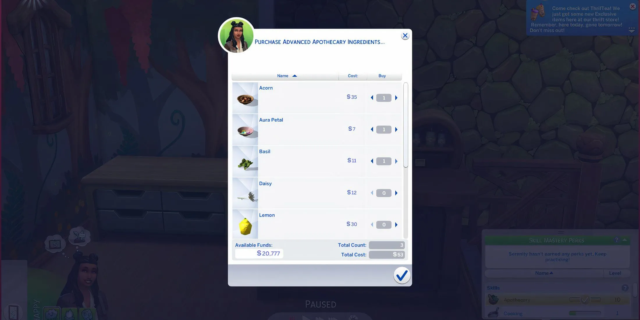 Giao diện các công thức thuốc trên Bàn Bào Chế trong The Sims 4