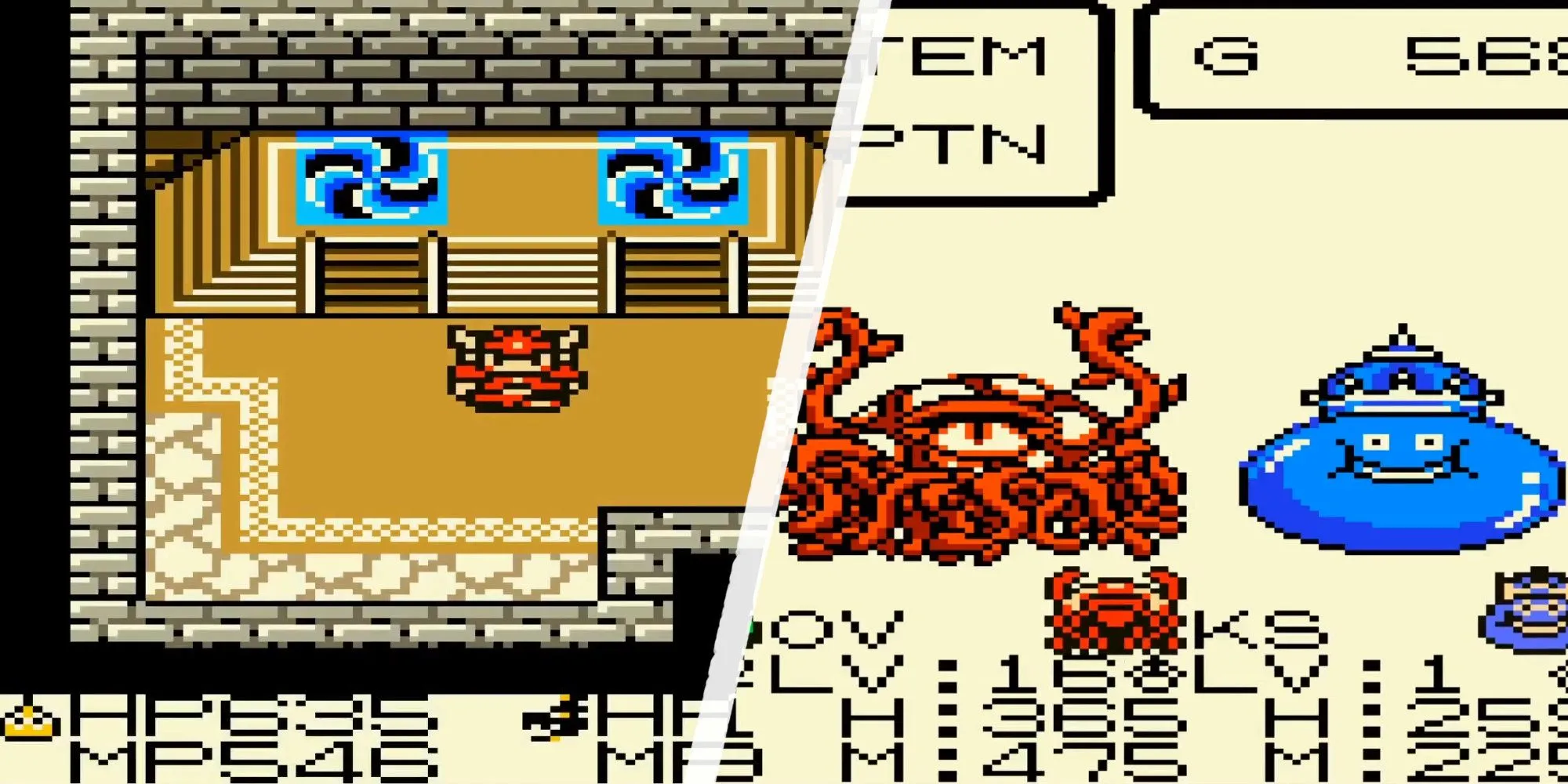 Hầm ngục và quái vật từ game Dragon Quest Monsters trên Game Boy Color.