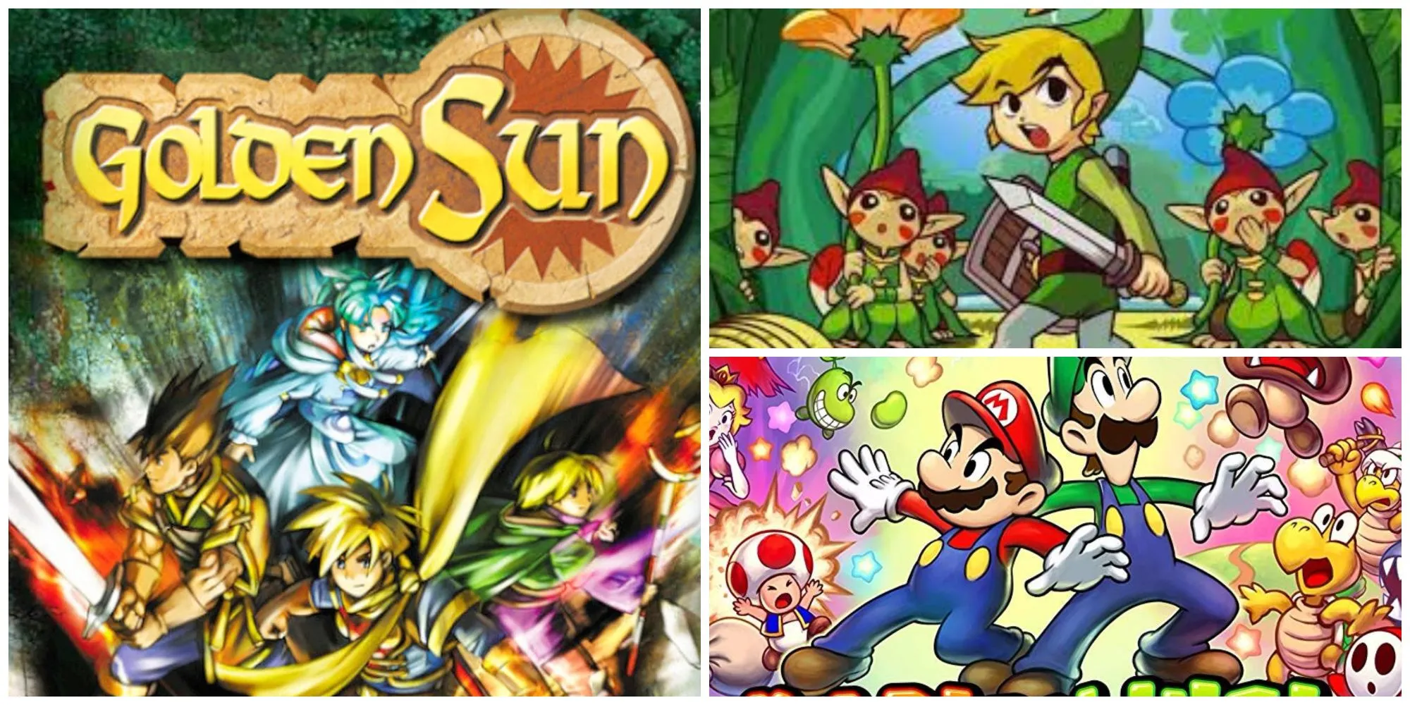 Hình ảnh máy Game Boy Advance cùng các game nổi tiếng như Golden Sun, Minish Cap, Mario & Luigi Superstar Saga
