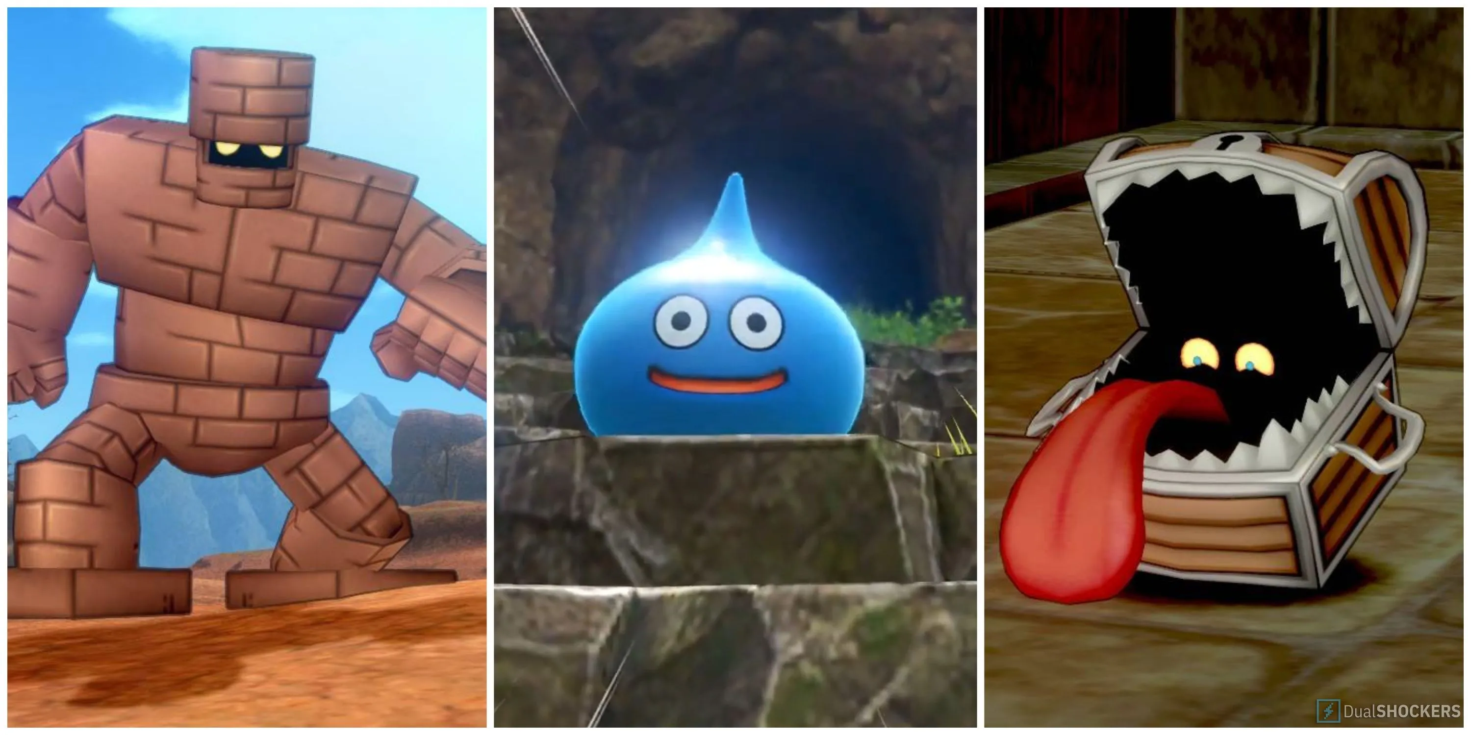 Hình ảnh quái vật Golem, Slime và Cannibox từ series Dragon Quest