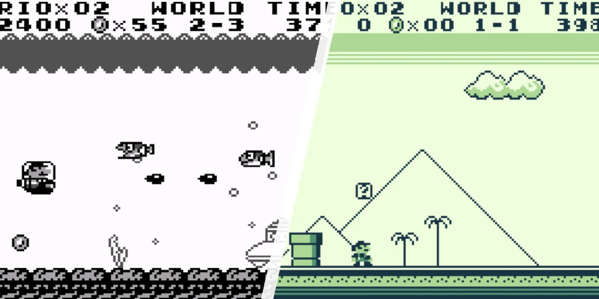 Mario trong màn chơi bắn súng và gần kim tự tháp trong Super Mario Land trên Game Boy.