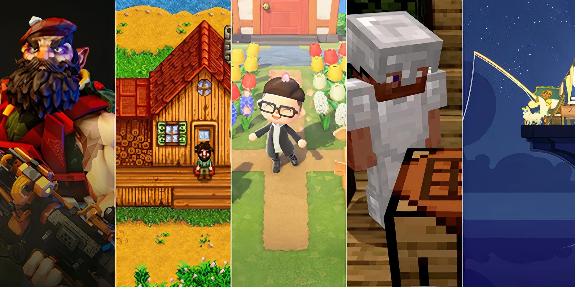 Một bức ảnh ghép các tựa game cozy phổ biến như Stardew Valley, Animal Crossing, Minecraft, Spiritfarer
