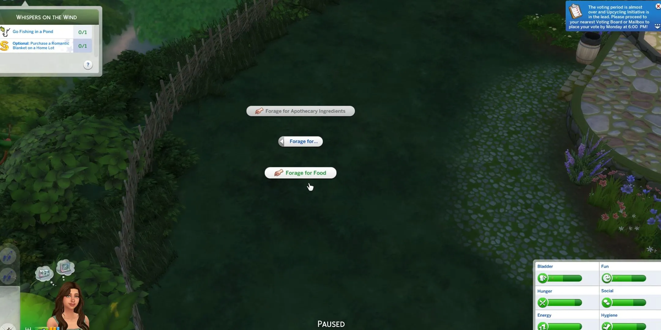 Một Sim đang nhặt nhạnh cây cỏ trong môi trường tự nhiên của The Sims 4