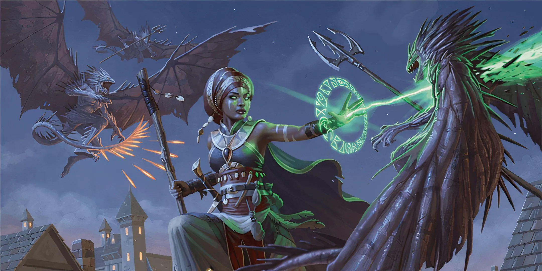 Pháp sư trong cuộc rượt đuổi trên mái nhà ở Waterdeep, minh họa cho Feat Blind Fighting và khả năng nhìn xuyên bóng tối